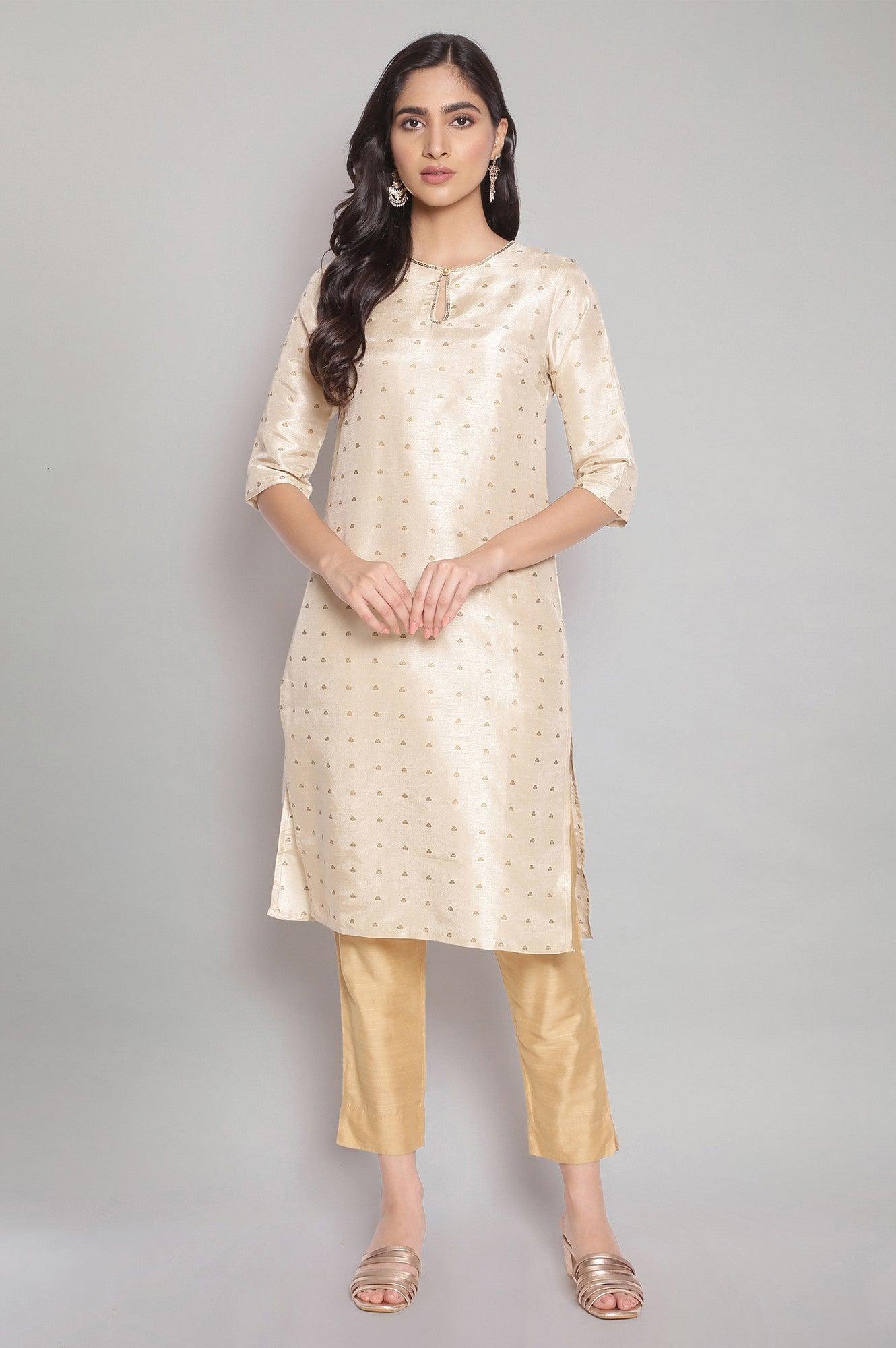 Light Gold kurta with Floral Print - wforwoman