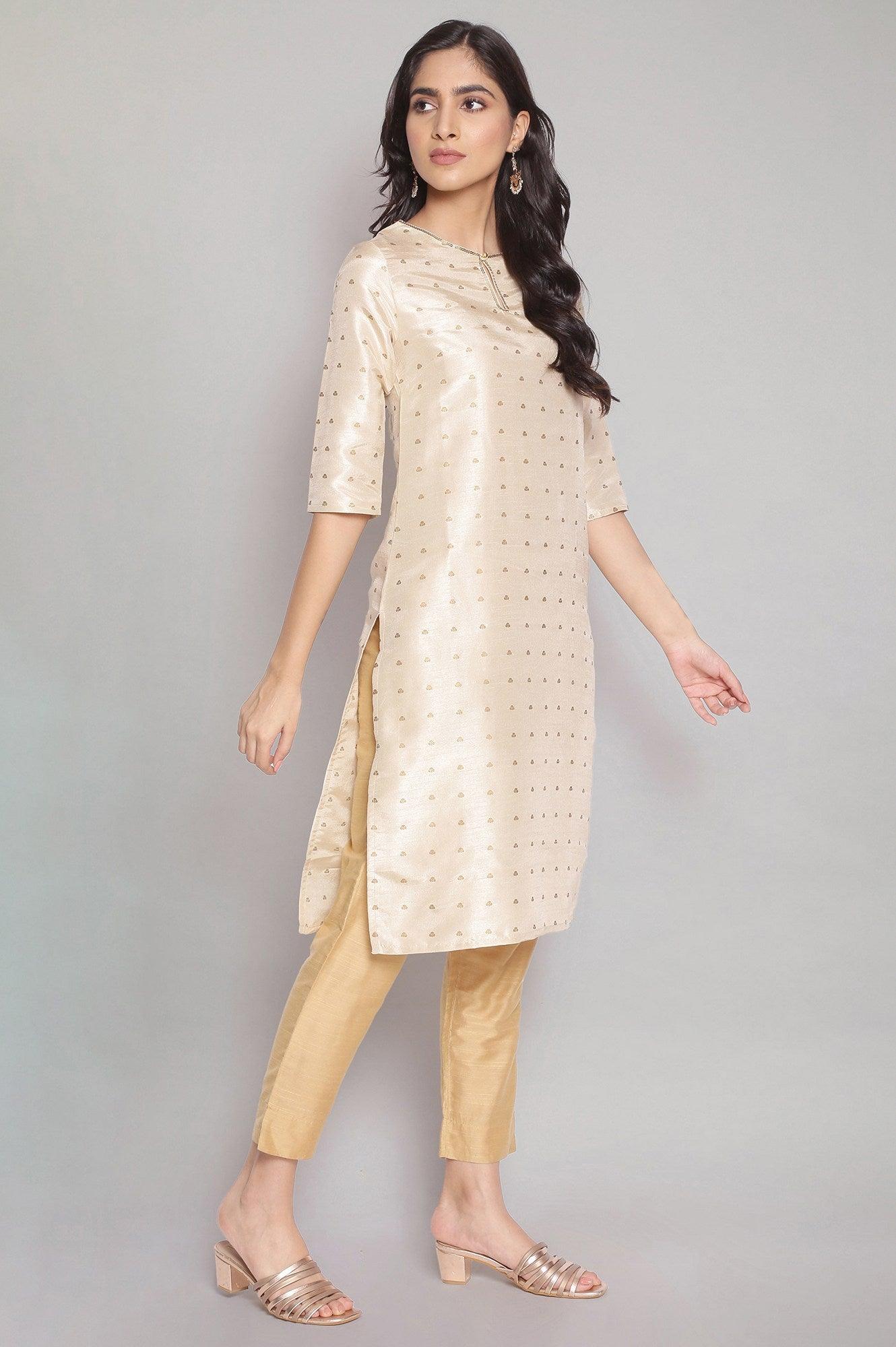 Light Gold kurta with Floral Print - wforwoman