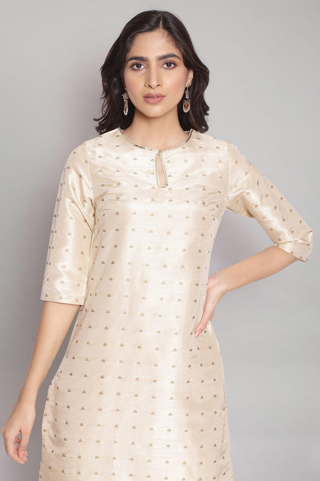 Light Gold kurta with Floral Print - wforwoman