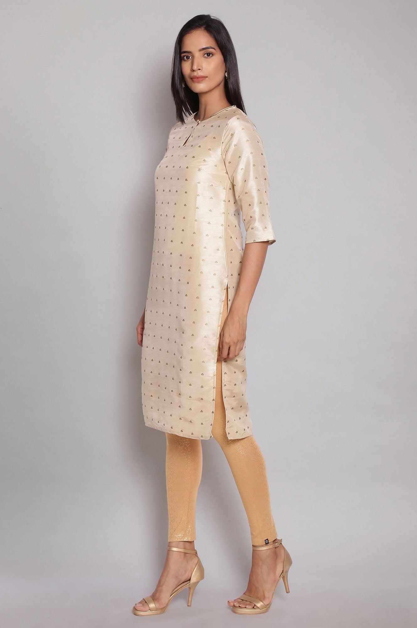 Light Gold kurta with Polka Print - wforwoman