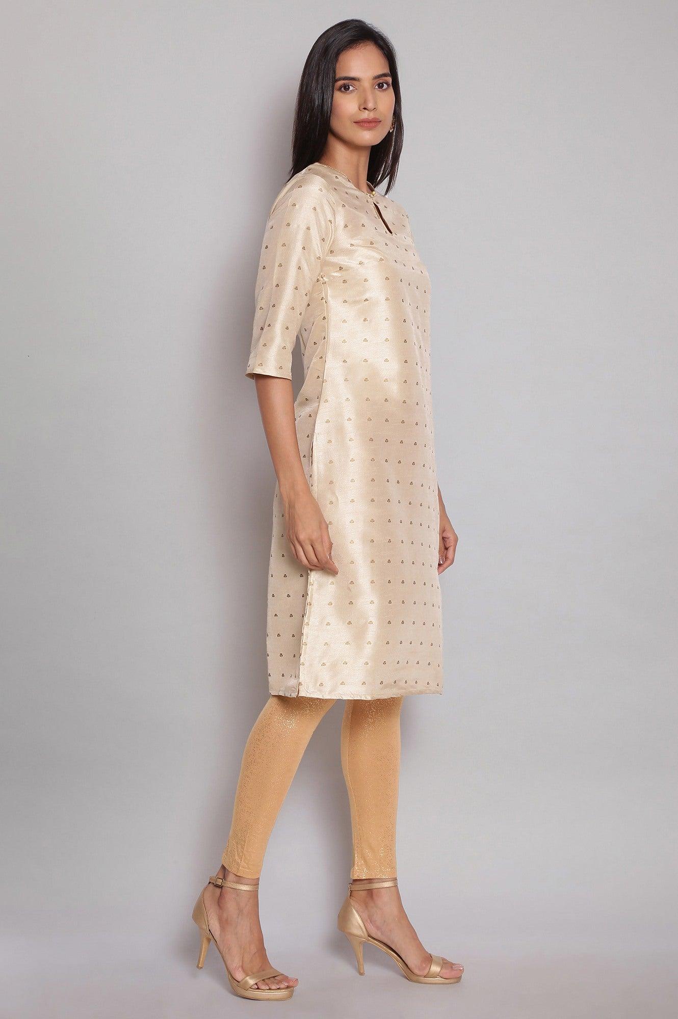 Light Gold kurta with Polka Print - wforwoman