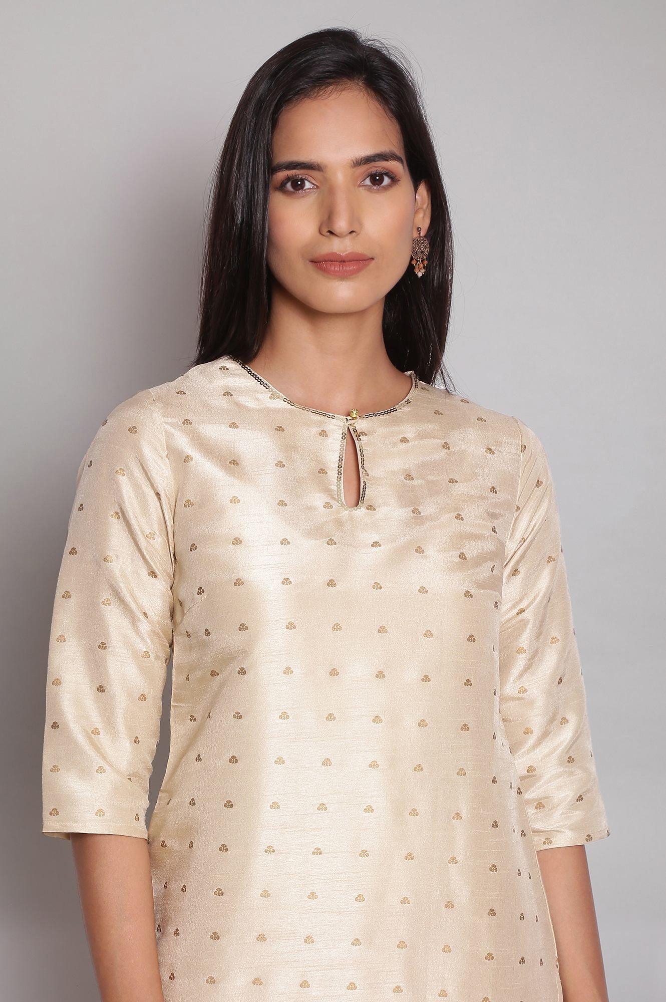 Light Gold kurta with Polka Print - wforwoman