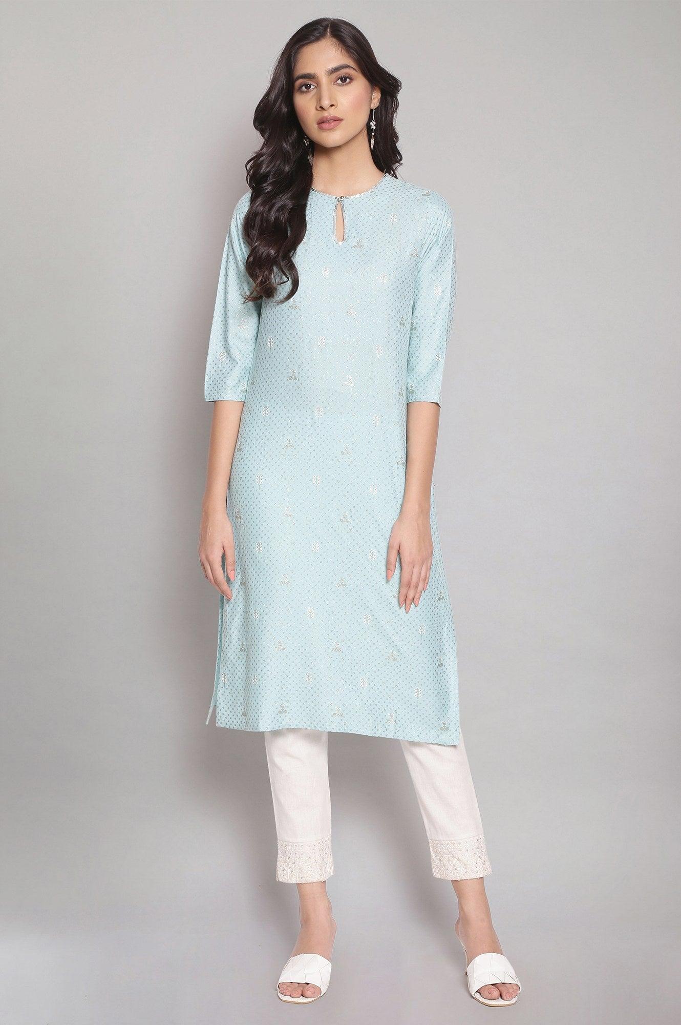 Sky Blue Foil Print kurta - wforwoman