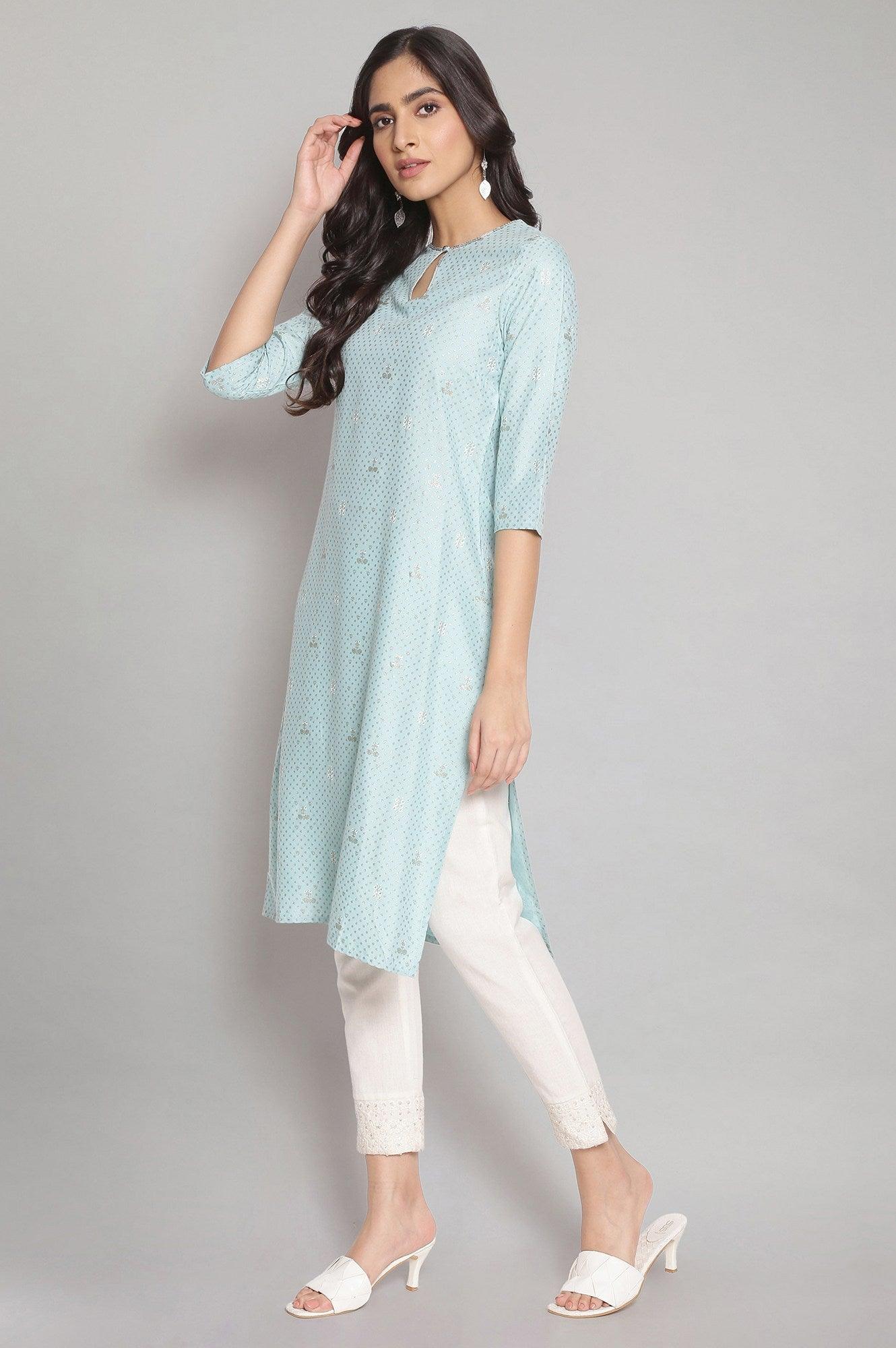 Sky Blue Foil Print kurta - wforwoman