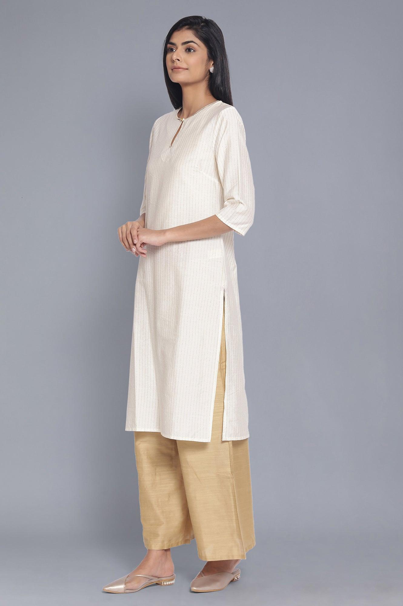 Ecru kurta with Gold Glitter Stripe Print - wforwoman