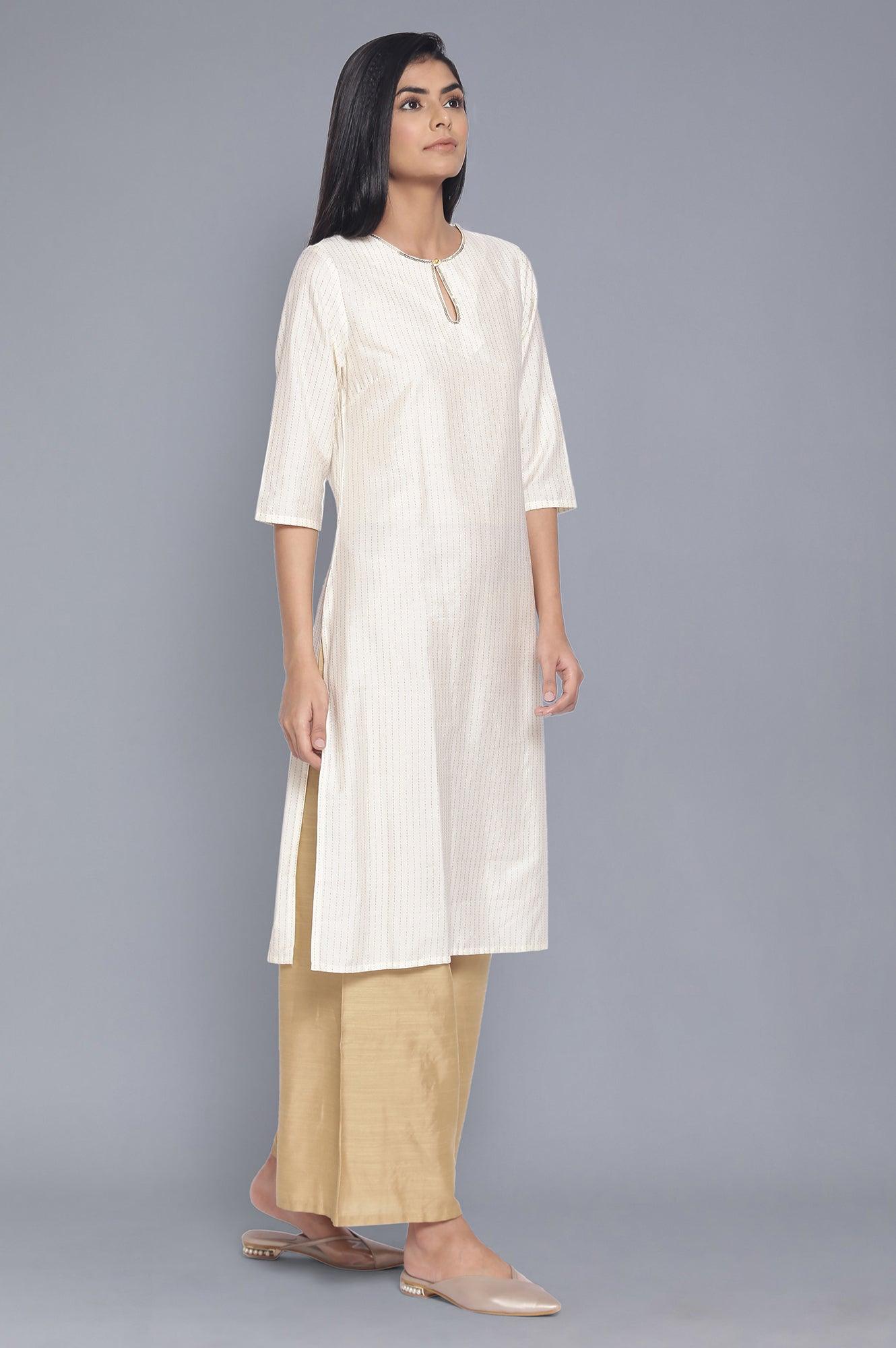 Ecru kurta with Gold Glitter Stripe Print - wforwoman