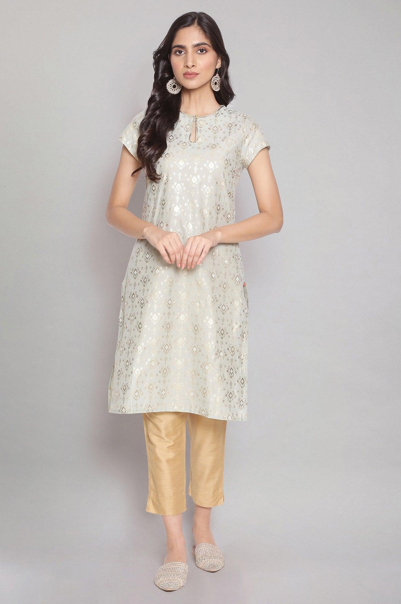 Mint Green Floral Print Straight kurta - wforwoman