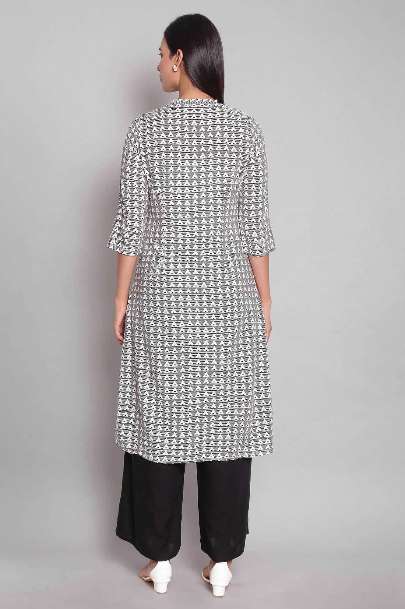 Ecru kurta with Black Geometric Print - wforwoman