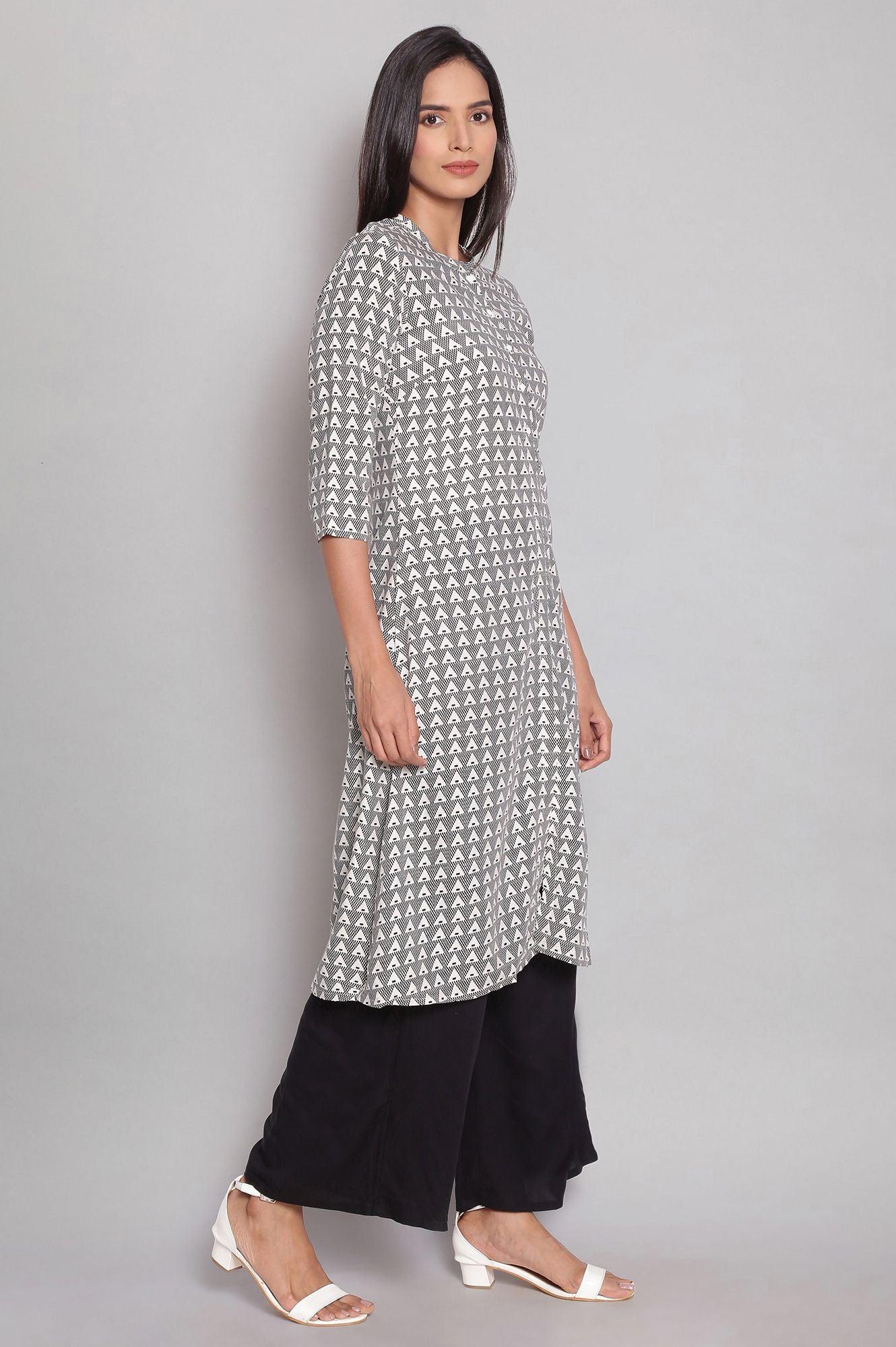 Ecru kurta with Black Geometric Print - wforwoman