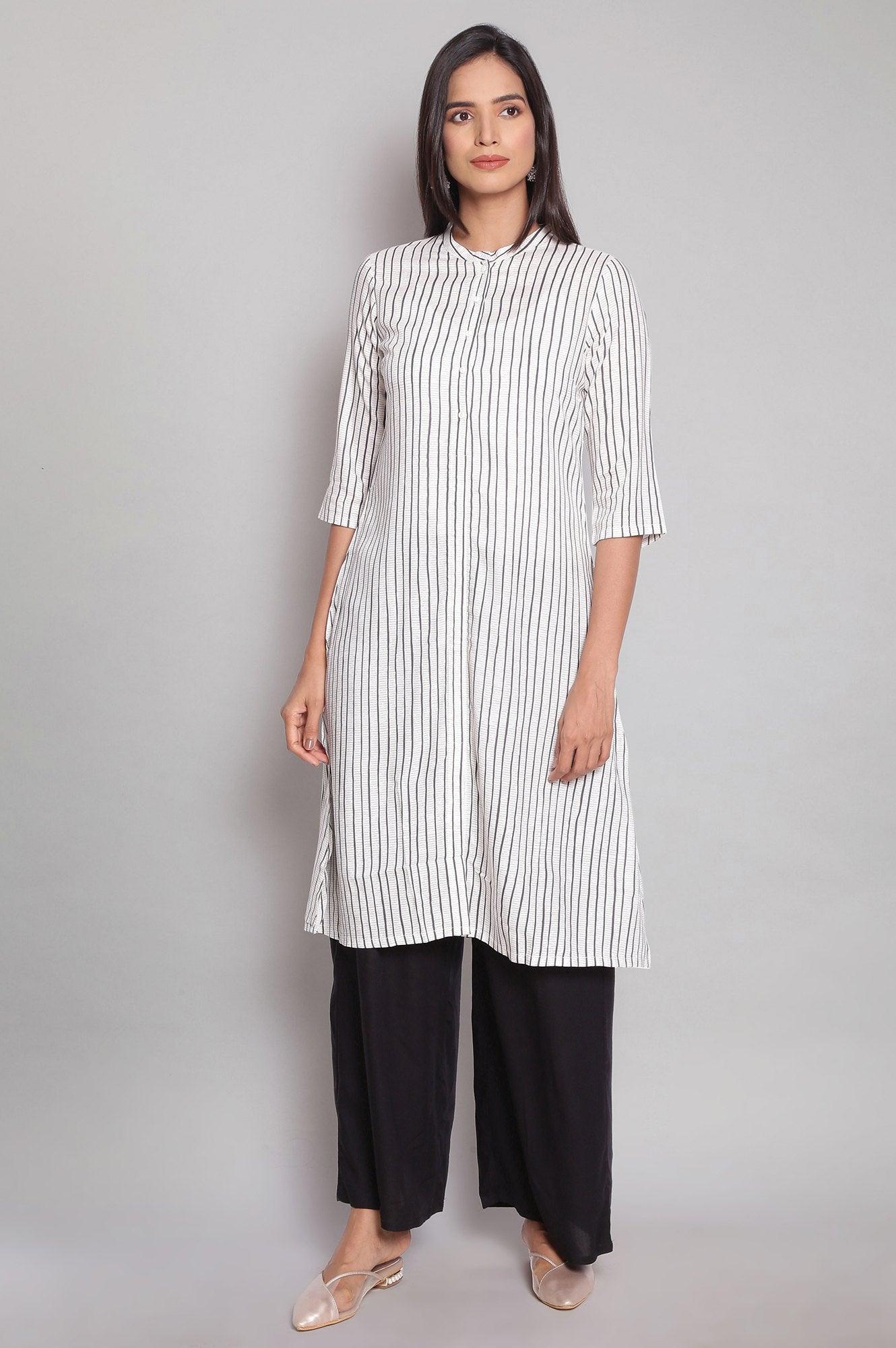 Ecru Mandarin Collar Striped kurta - wforwoman