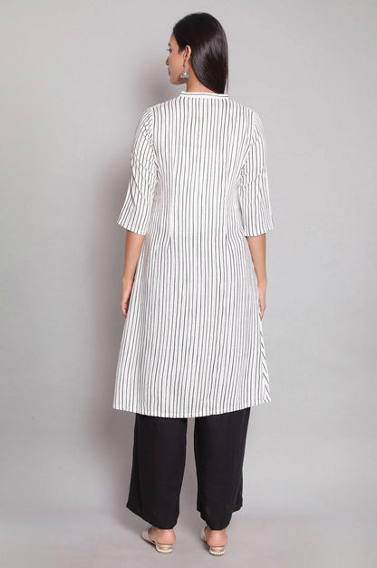 Ecru Mandarin Collar Striped kurta - wforwoman