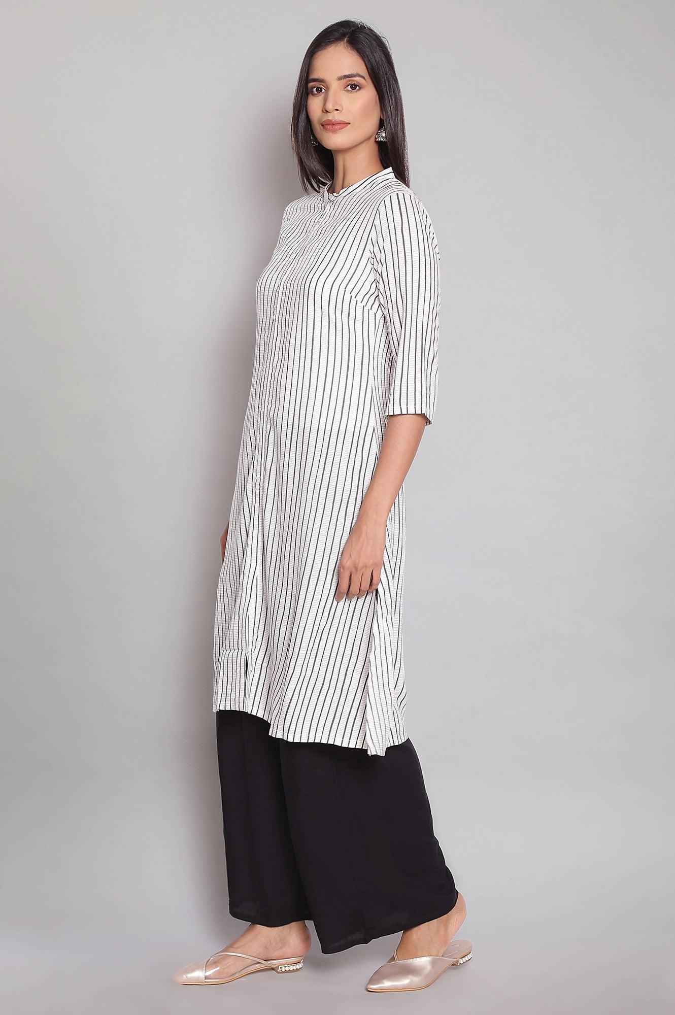 Ecru Mandarin Collar Striped kurta - wforwoman