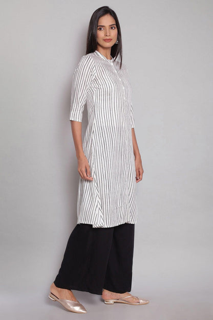 Ecru Mandarin Collar Striped kurta - wforwoman