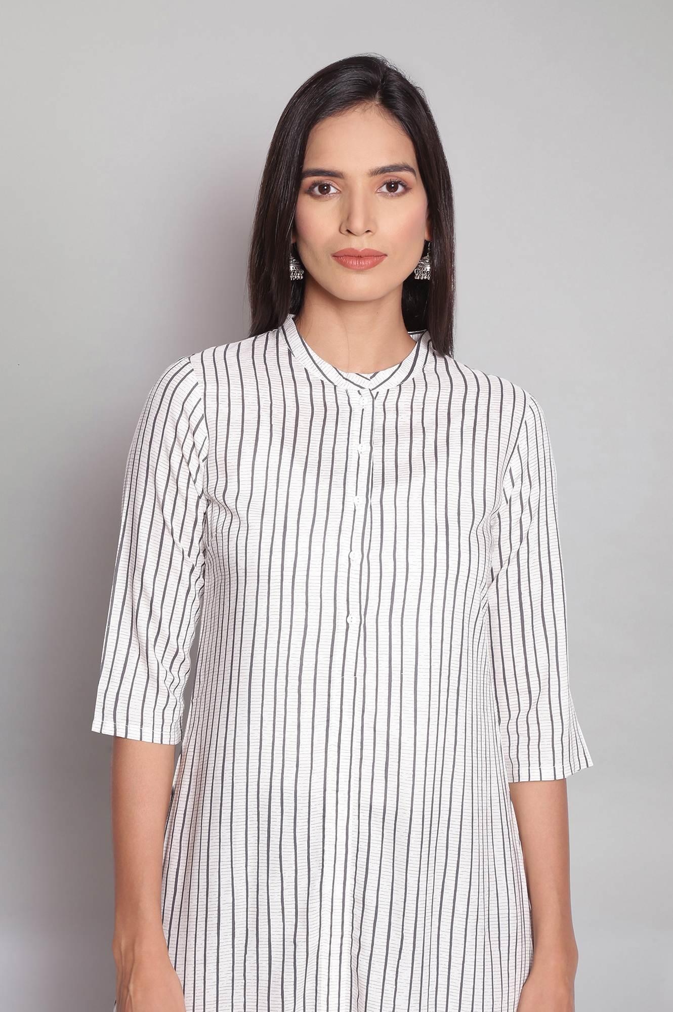 Ecru Mandarin Collar Striped kurta - wforwoman