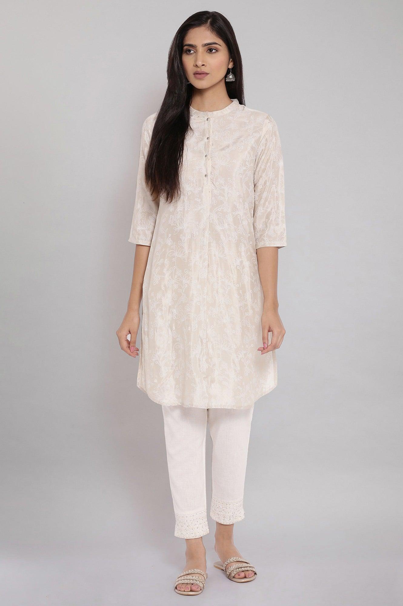 Beige Mandarin Collar Printed A-line kurta - wforwoman