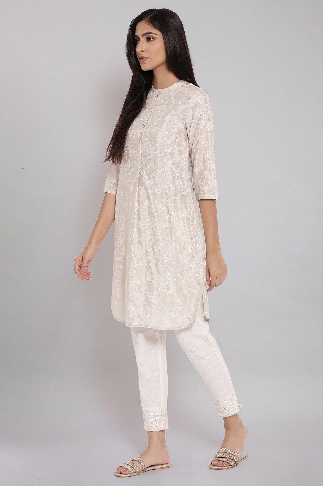 Beige Mandarin Collar Printed A-line kurta - wforwoman