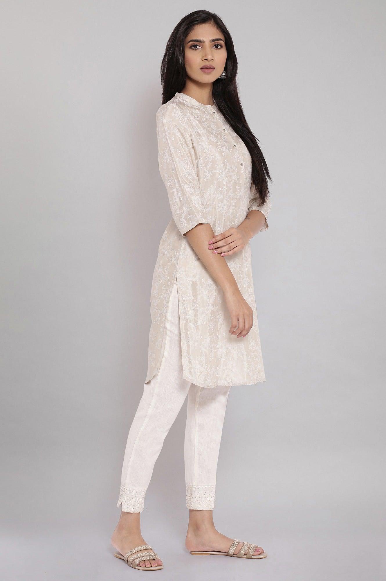 Beige Mandarin Collar Printed A-line kurta - wforwoman