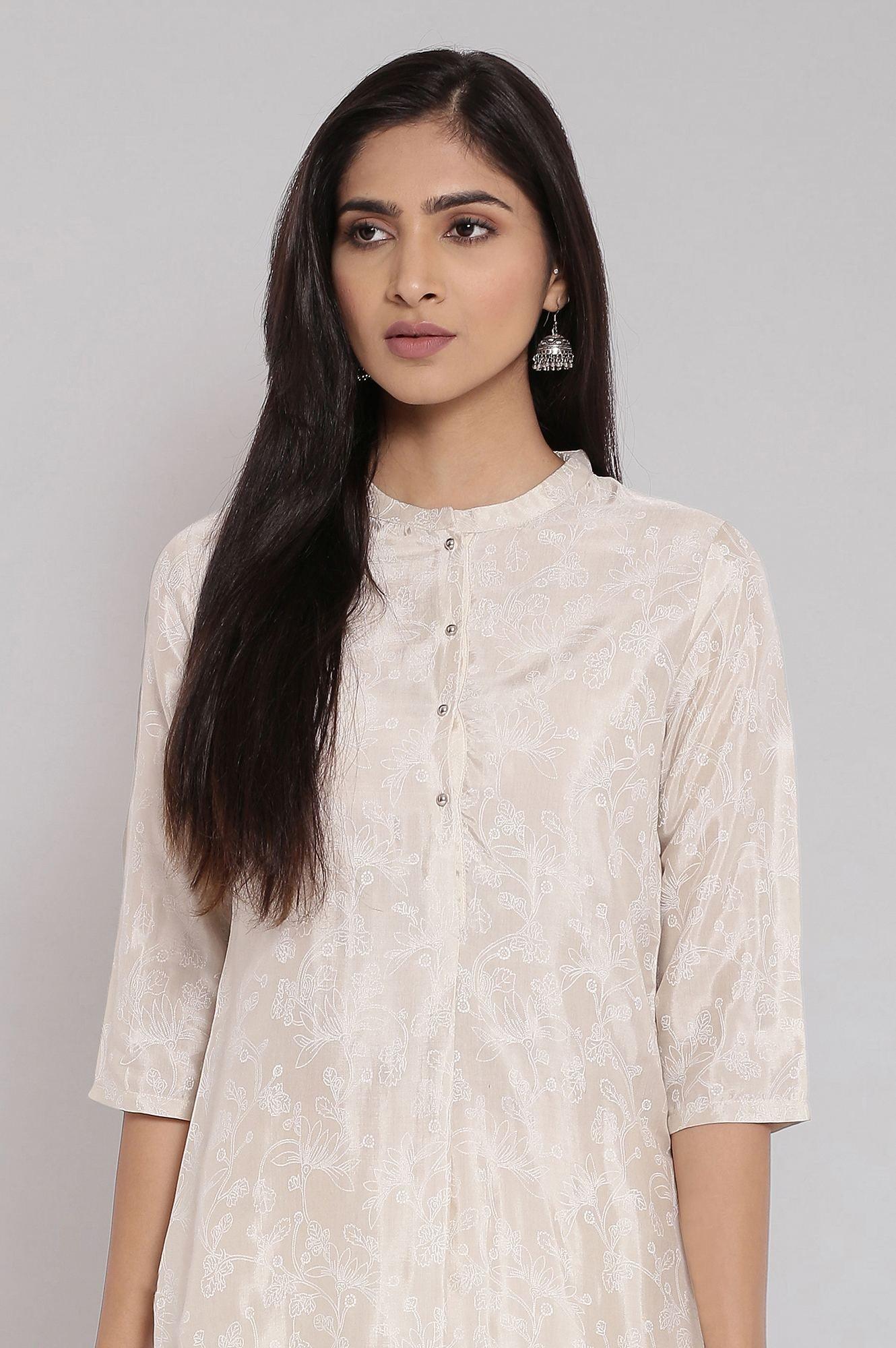 Beige Mandarin Collar Printed A-line kurta - wforwoman