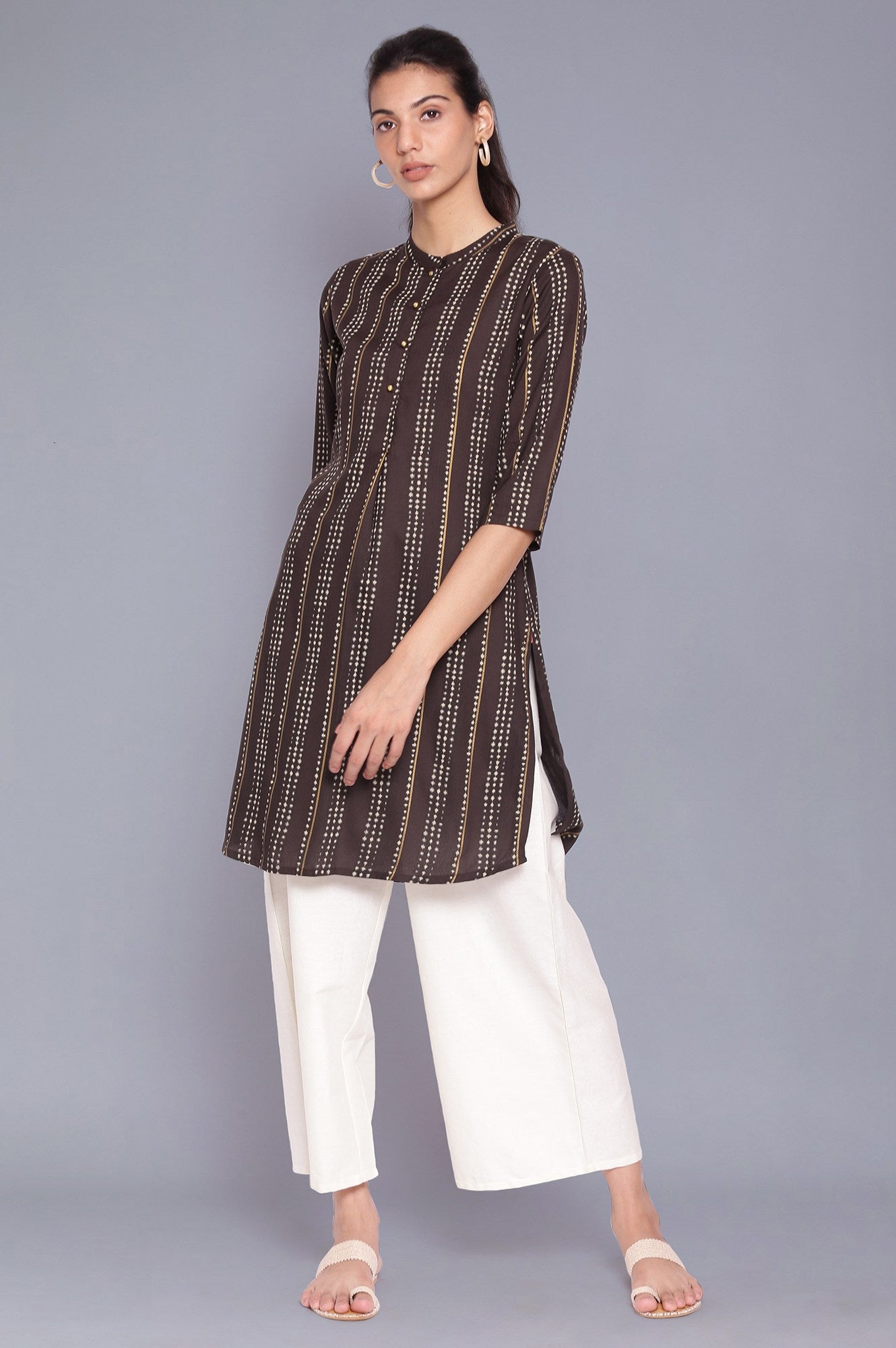 Black Mandarin Collar Striped A-line kurta