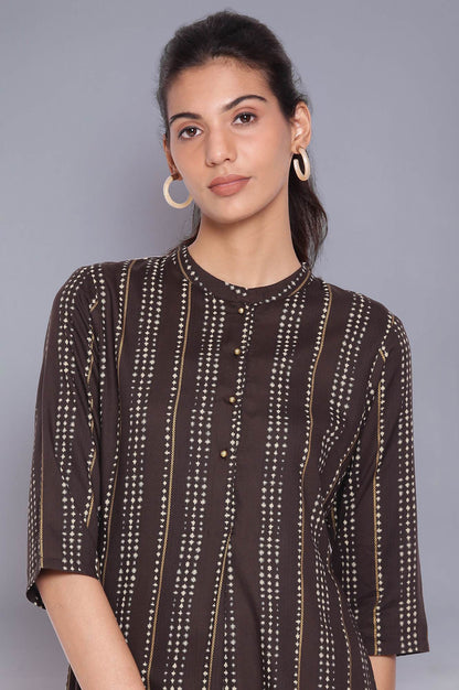 Black Mandarin Collar Striped A-line kurta