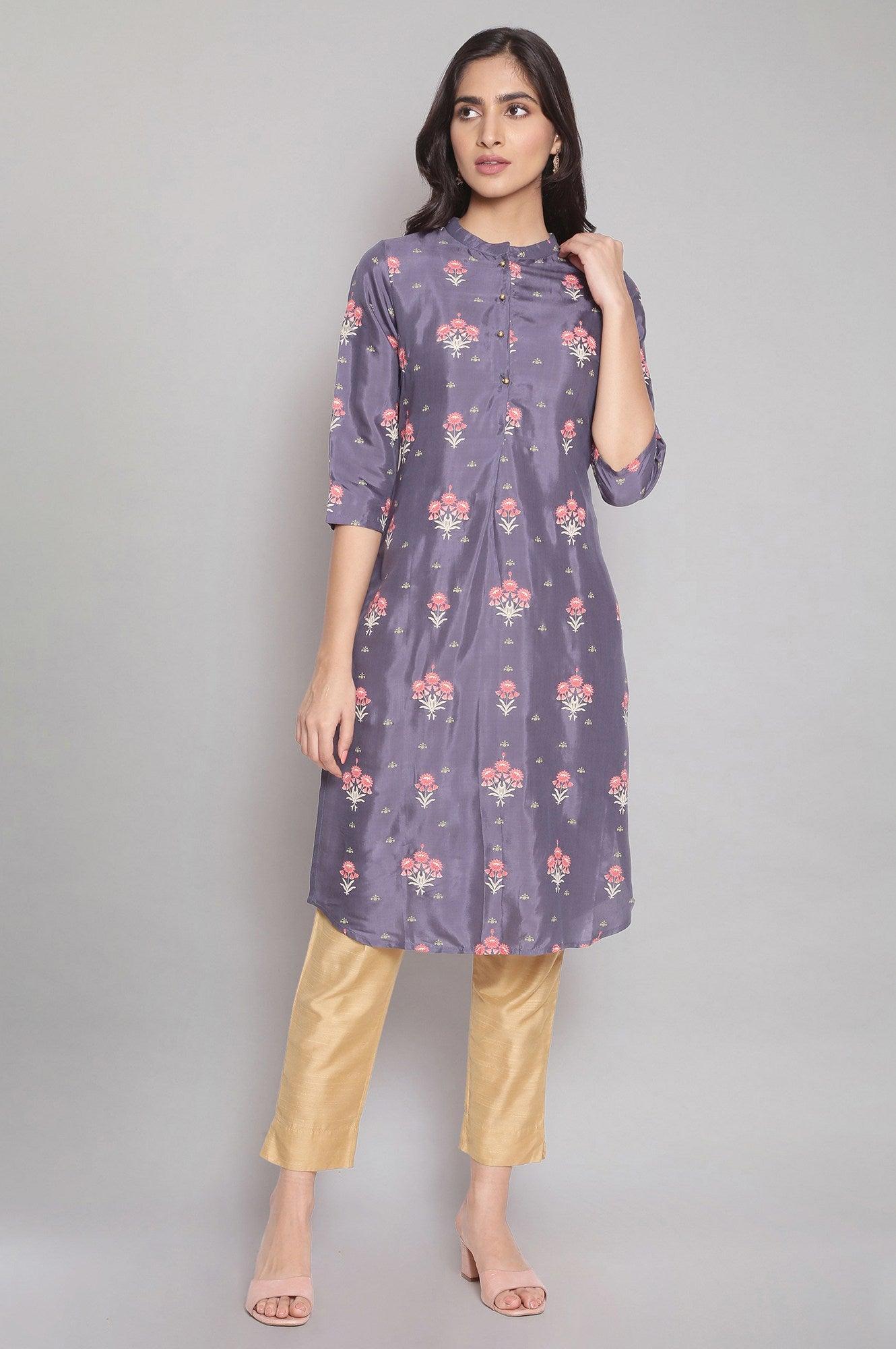 Chambray Blue Floral Print Straight kurta - wforwoman