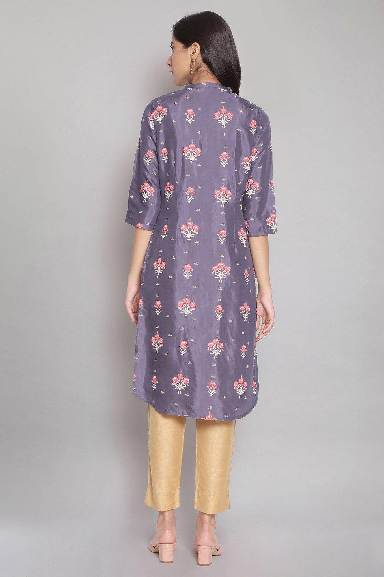 Chambray Blue Floral Print Straight kurta - wforwoman