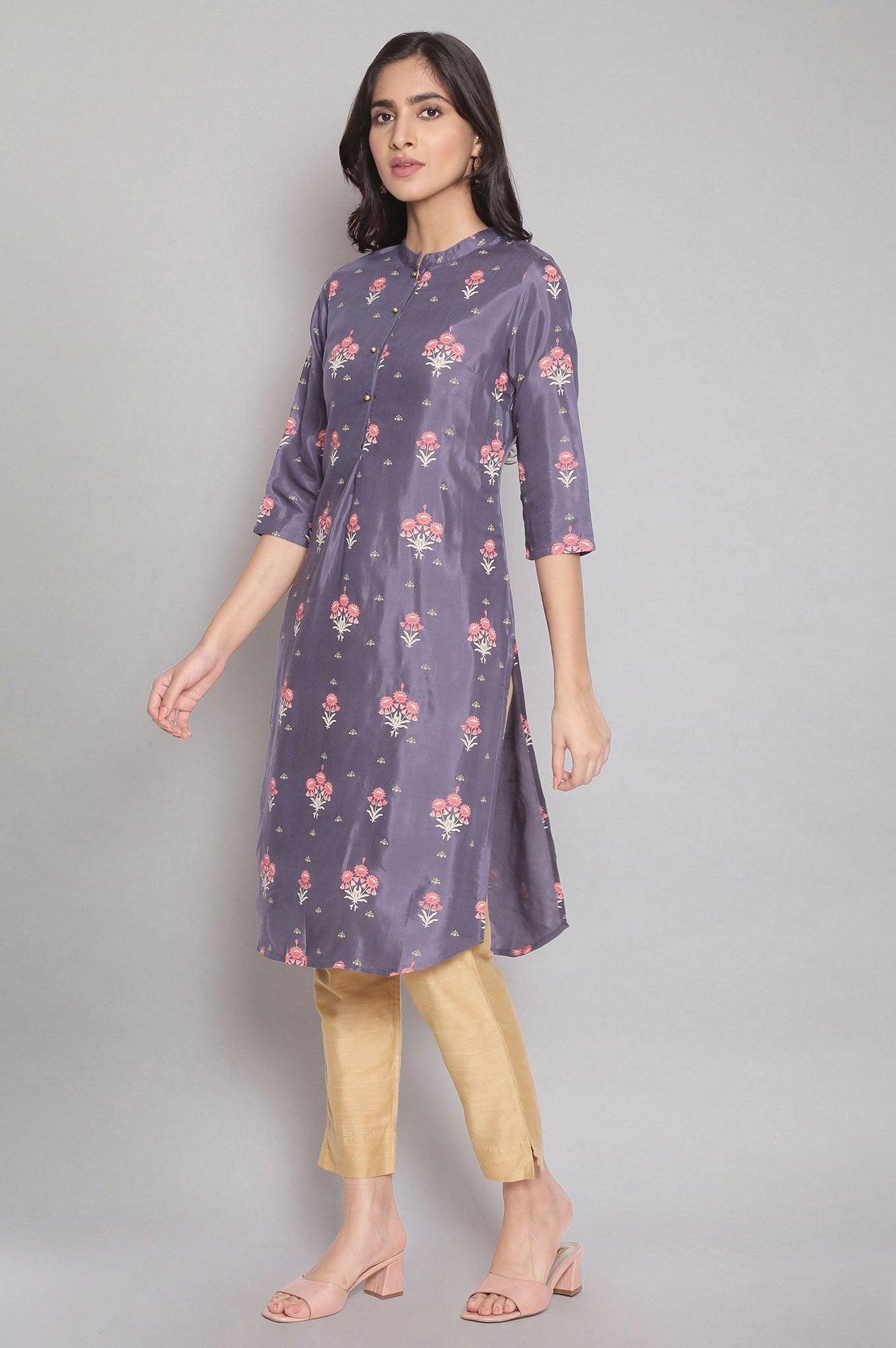 Chambray Blue Floral Print Straight kurta - wforwoman