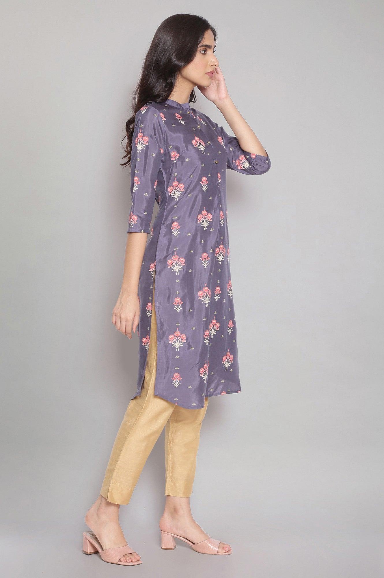 Chambray Blue Floral Print Straight kurta - wforwoman