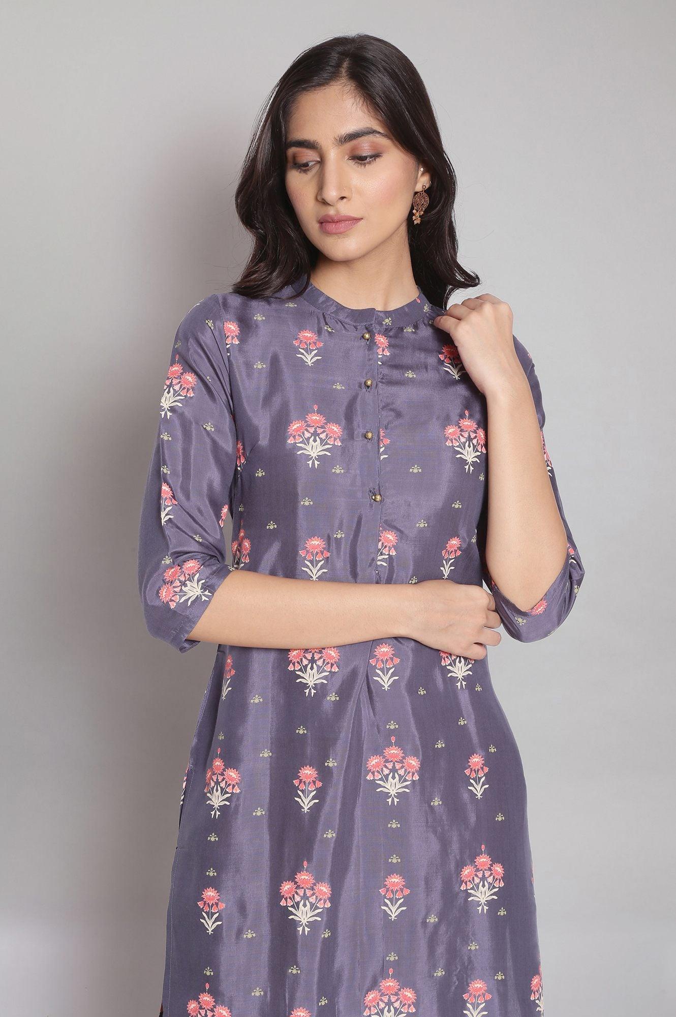 Chambray Blue Floral Print Straight kurta - wforwoman