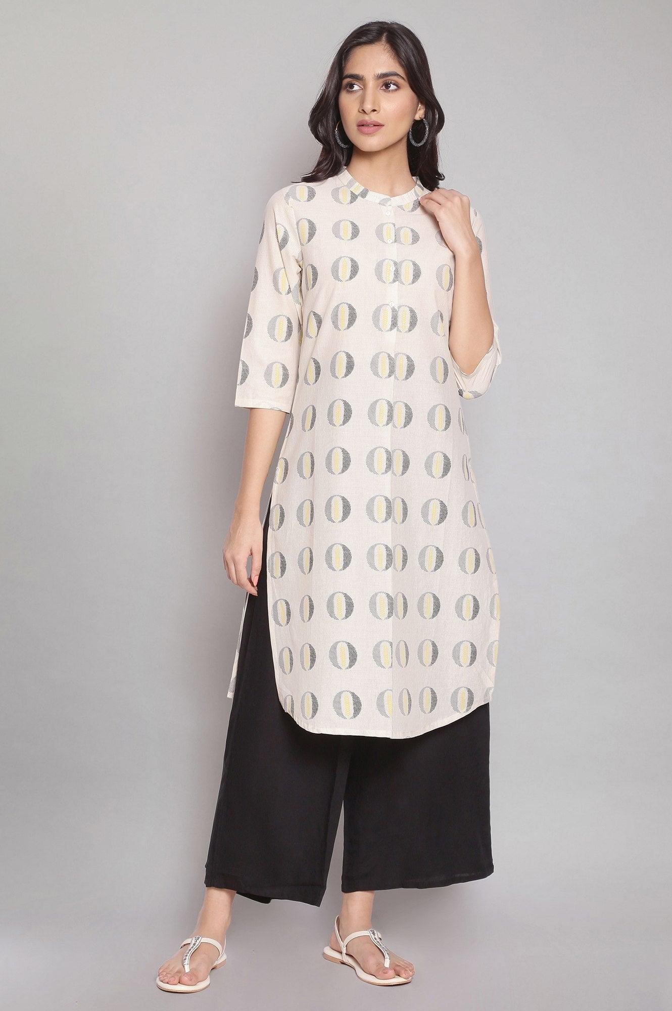 Beige Mandarin Collar Pleated Straight kurta - wforwoman