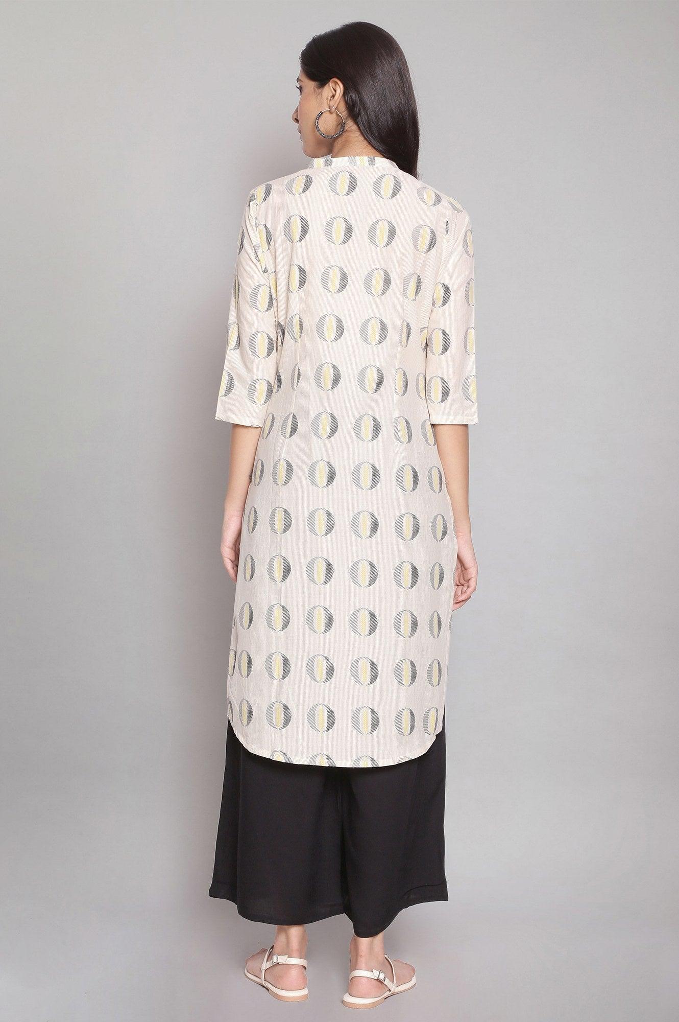 Beige Mandarin Collar Pleated Straight kurta - wforwoman