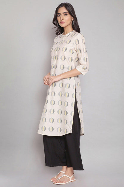 Beige Mandarin Collar Pleated Straight kurta - wforwoman