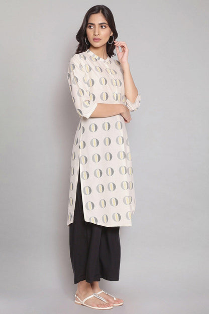 Beige Mandarin Collar Pleated Straight kurta - wforwoman