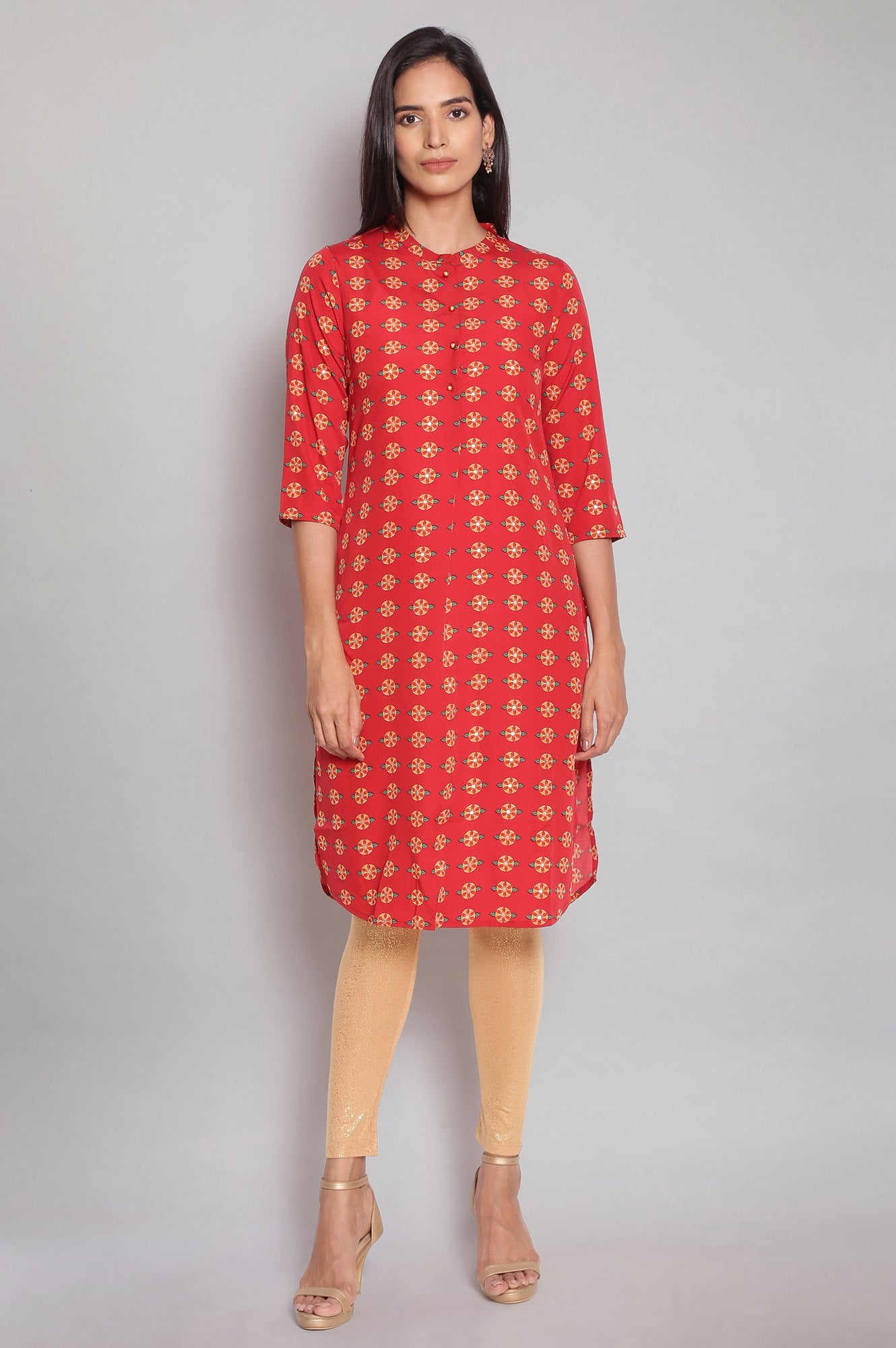 Red Mandarin Collar Printed Straight kurta