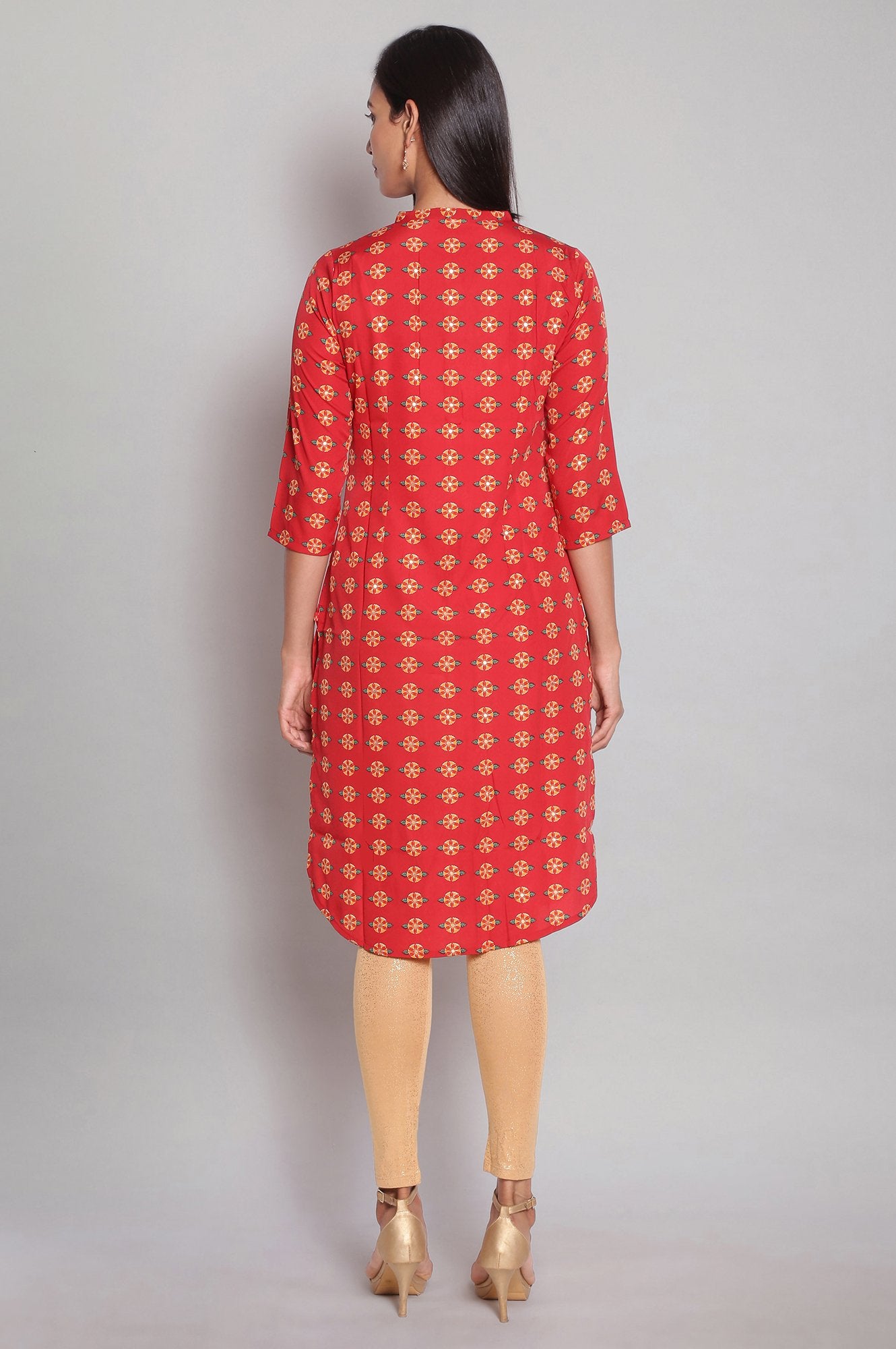 Red Mandarin Collar Printed Straight kurta