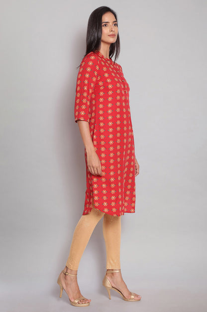 Red Mandarin Collar Printed Straight kurta