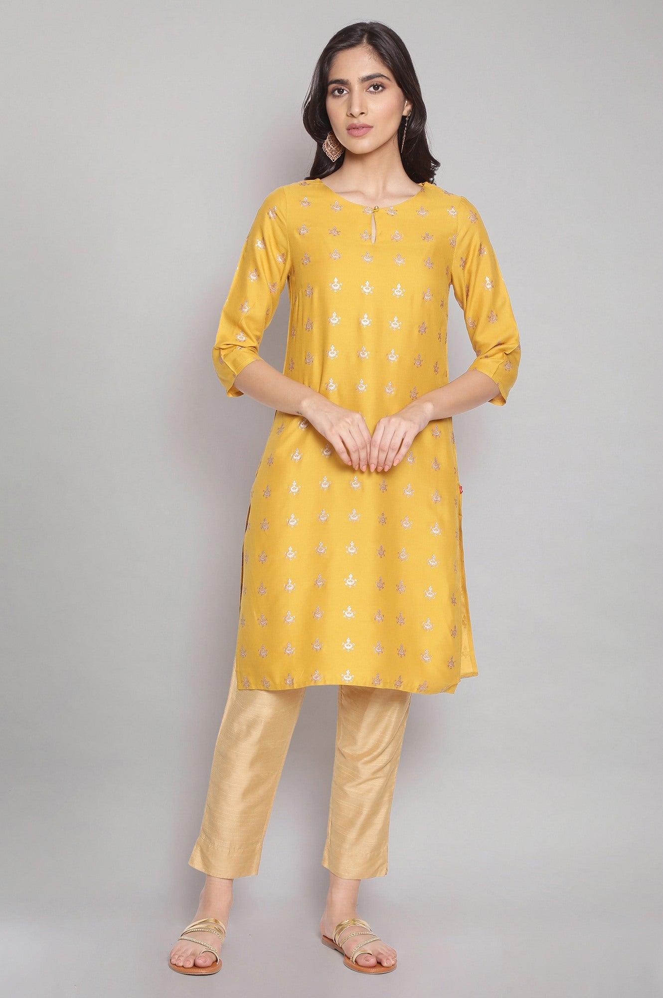 Mustard Yellow Foil Print Straight kurta - wforwoman