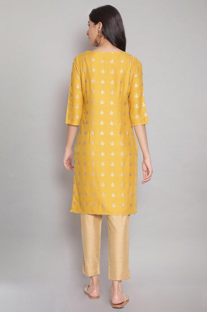 Mustard Yellow Foil Print Straight kurta - wforwoman