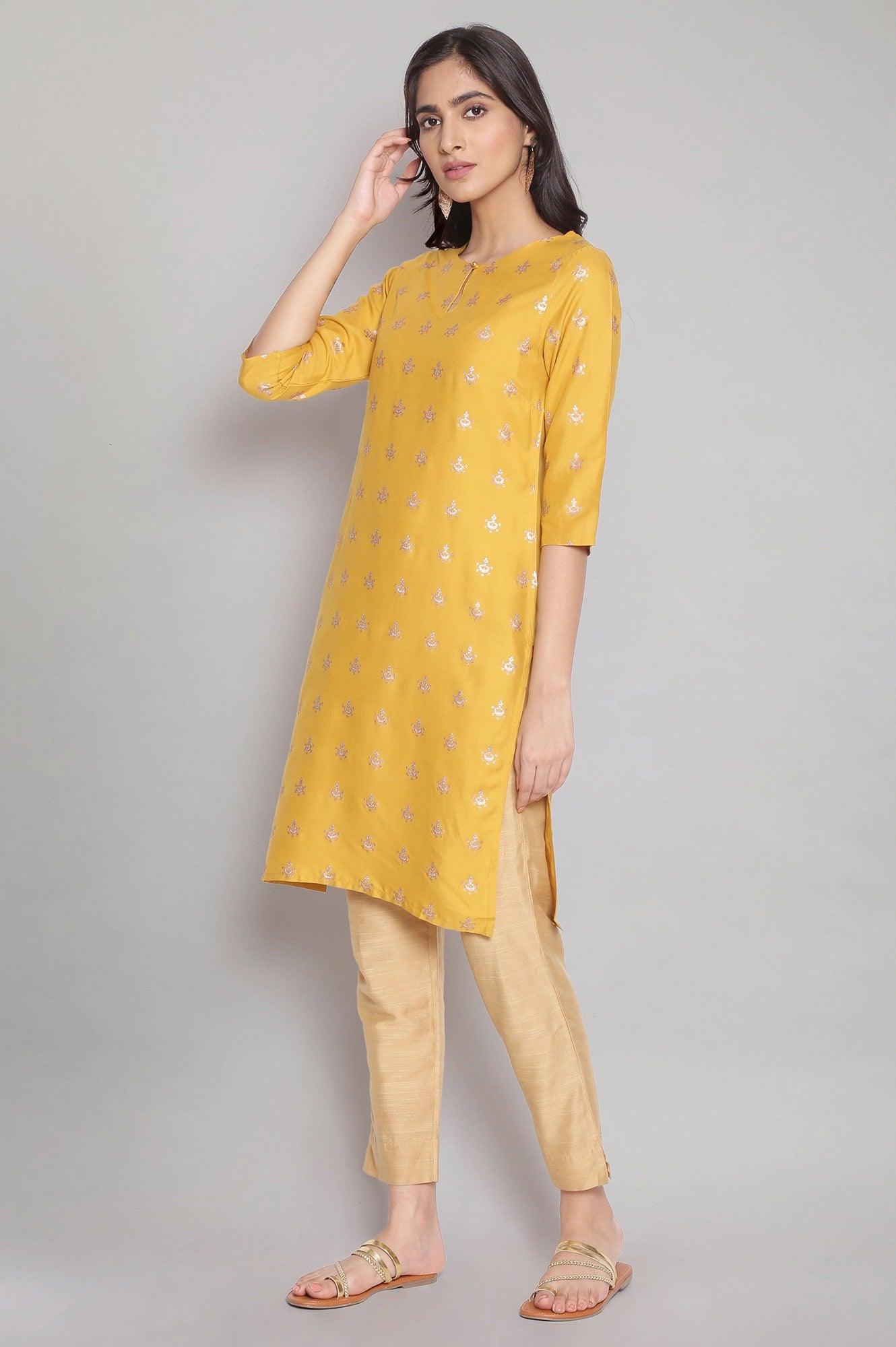 Mustard Yellow Foil Print Straight kurta - wforwoman