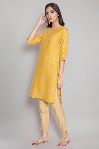 Mustard Yellow Foil Print Straight kurta - wforwoman