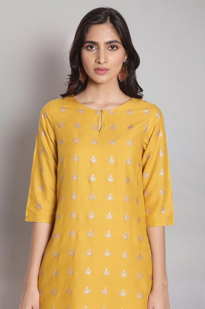 Mustard Yellow Foil Print Straight kurta - wforwoman