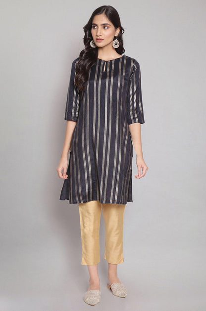 Navy Blue Round Neck Striped kurta - wforwoman