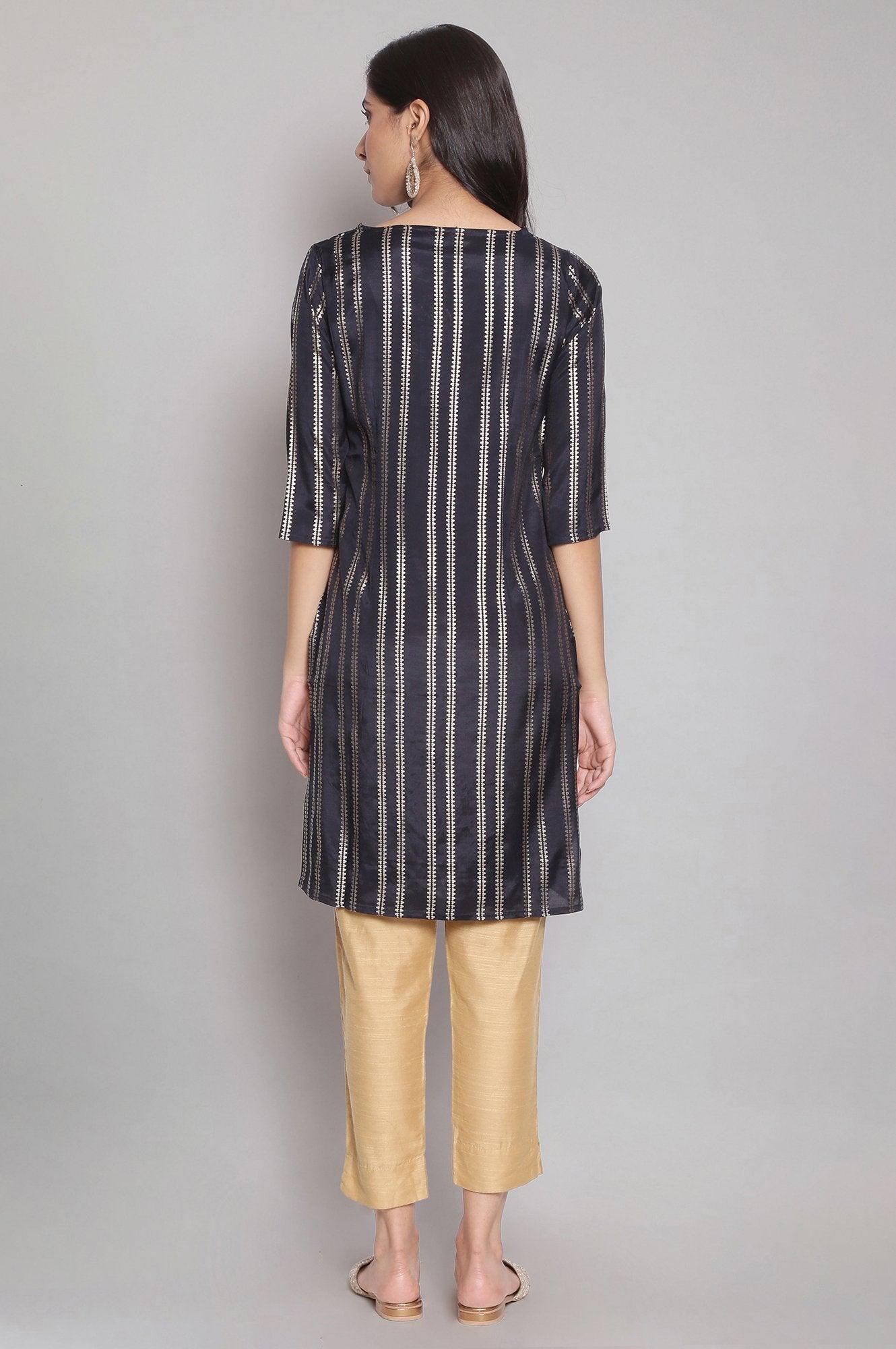 Navy Blue Round Neck Striped kurta - wforwoman