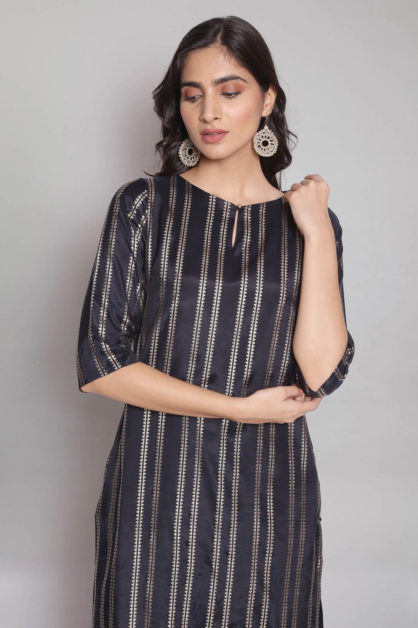 Navy Blue Round Neck Striped kurta - wforwoman