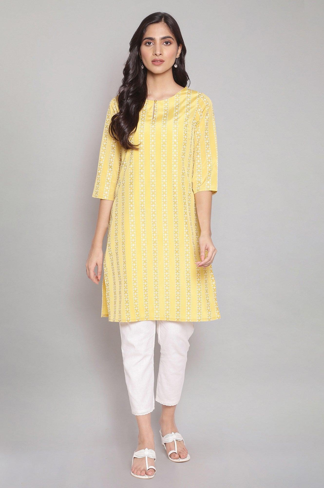 Mustard Yellow Round Neck Striped kurta - wforwoman