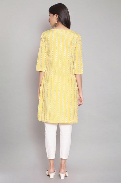 Mustard Yellow Round Neck Striped kurta - wforwoman