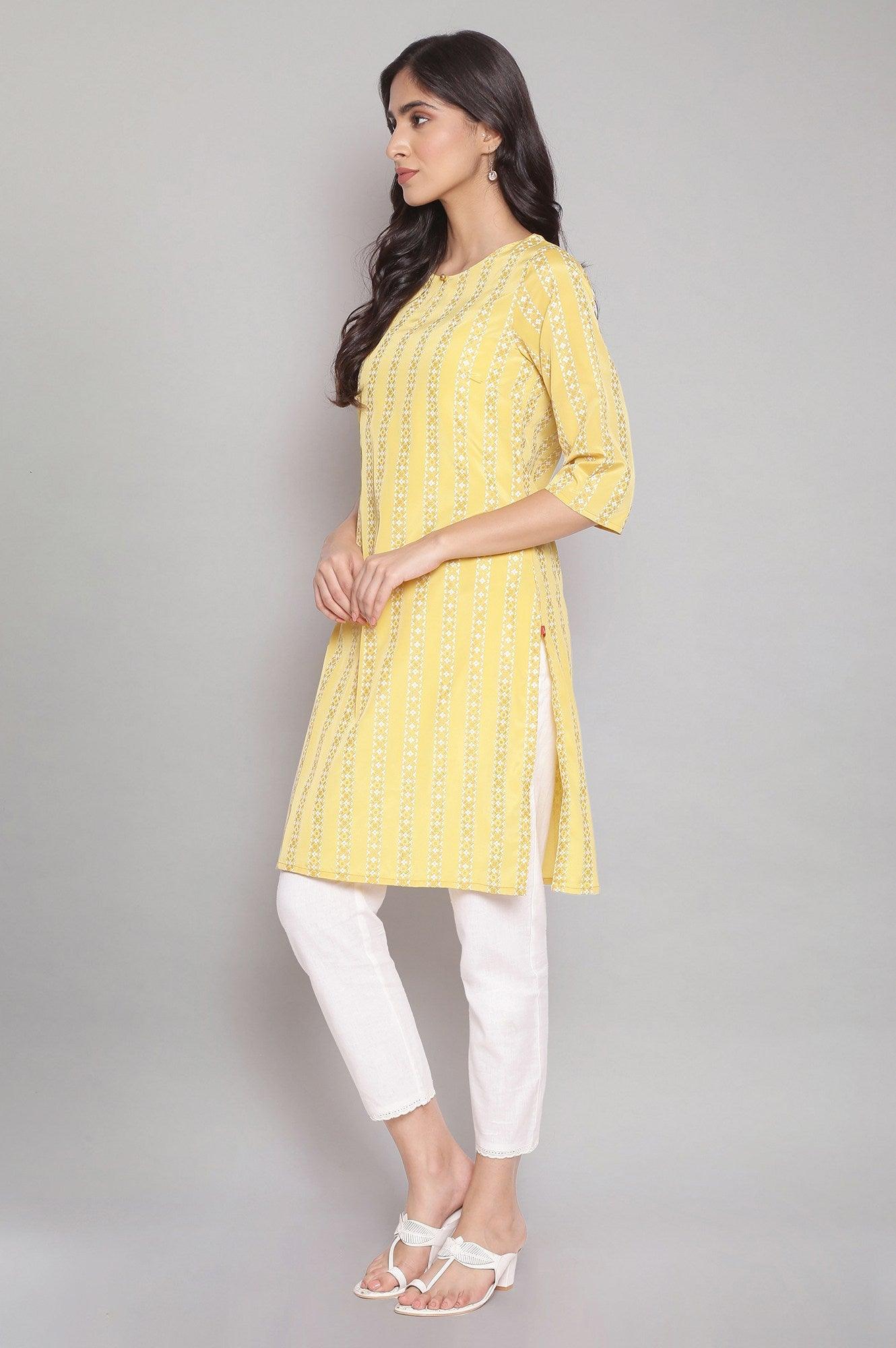 Mustard Yellow Round Neck Striped kurta - wforwoman