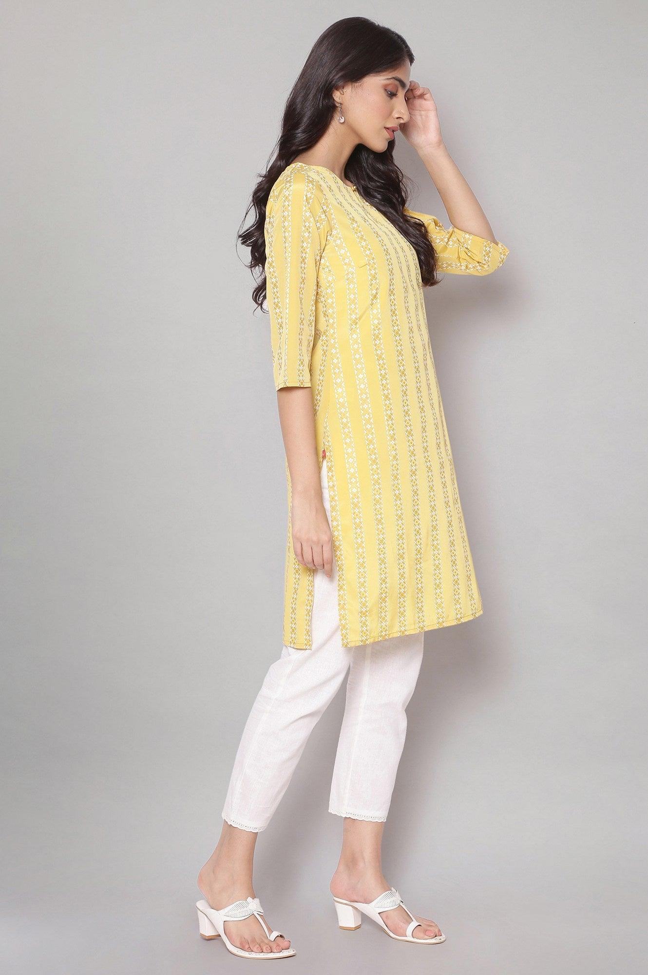 Mustard Yellow Round Neck Striped kurta - wforwoman