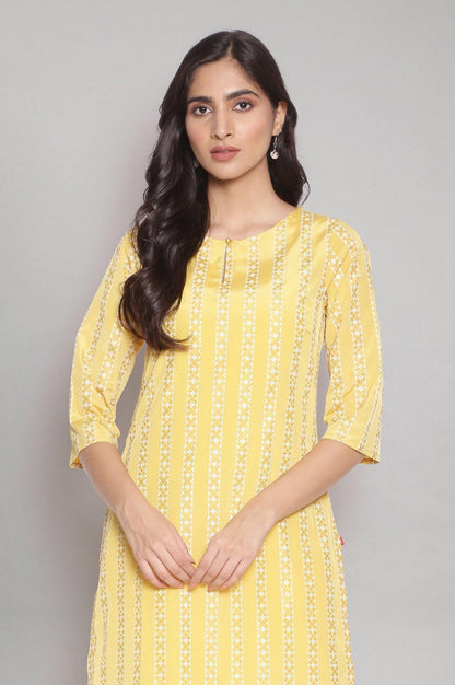 Mustard Yellow Round Neck Striped kurta - wforwoman