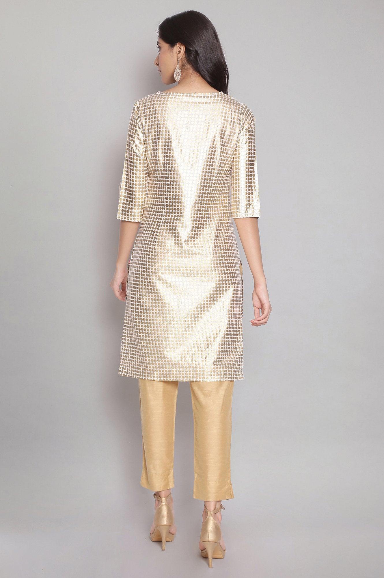 Ecru Gold Foil Print Straight kurta - wforwoman